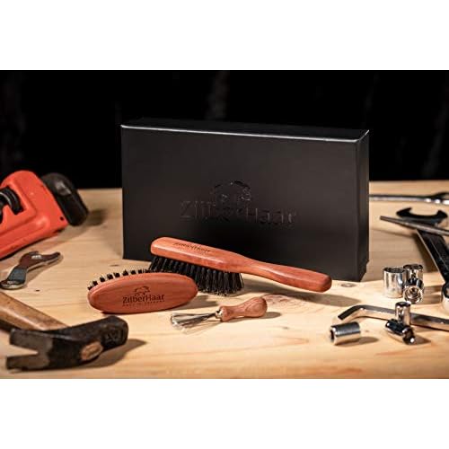 Zilberhaar Beard Brush Grooming Kit (Soft Version) 2nd Cut Boar Bristles - Ideal for Stubbles and Short To Medium Beards - Distributes Balm and Oil for Growth/Styling - Comes with Brush Cleaning Tool
