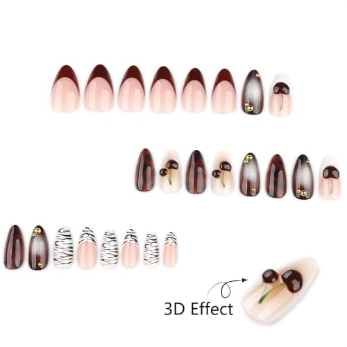 Stbisen 3D Cherry Noir Medium Almond Fake Nails with Tortoise Shell & Gold Accents, Smoky Jelly Gradient, 24PCS, Variation: 3D-65-Cherry Noir
