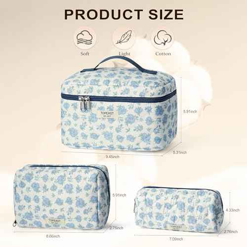 TOPEAST Makeup Bag for Women Girl, 3Pcs Large Cotton Travel Make up Bags, Cute Quilted Floral Cosmetic Pouch with Zipper, Potable Brushes Toiletry Bag Sets, Blue Floral