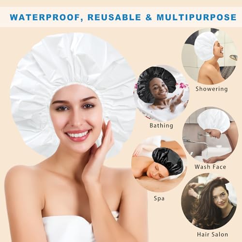 Super Jumbo Waterproof Shower Cap for Women - 2 Pack Black & White