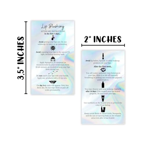 Lip Blush Aftercare Instructions Card | 50 Pack | 2x3.5" inches Business Card Size | Lip Glow Lip Blush PMU Lip Tint Lip Tattoo | Holographic Design