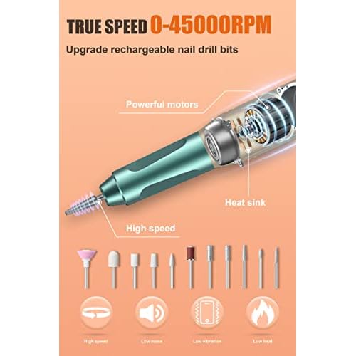 Electric Nail Drill Professional, 45000RPM Cordless Electric Nail File for Acrylic Gel Nails, Professional Nail Drill Manicure Pedicure Polishing Shape Tools for Home Salon