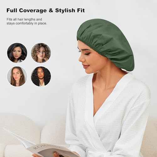 2 Pack Shower Caps for Women, Reusable Waterproof Shower Cap with Elastic Band, Thickened Waterproof Fabric Shower Bonnet for Braids, Long Hair (Pink and Green)