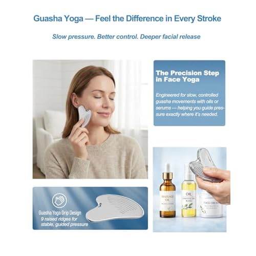 Yeamon Gua Sha Facial Tools & Face Roller Set, Stainless Steel Gua Sha & 3-in-1 Face Rollers for Jawline, Cheeks & Under-Eye, Ice Roller, Massager, Skin Care Tools for Women
