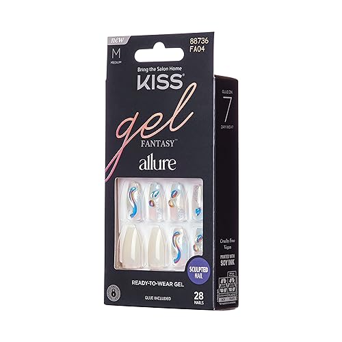 KISS Gel Fantasy Allure Ready-To-Wear Fake Nails ? Medium, Coffin Shaped - Band of Color, Salon Quality, Smudge Proof, Waterproof, Durable, Wearable, Flexible, Chip Proof, Gorgeous & Shiny | 28 Count