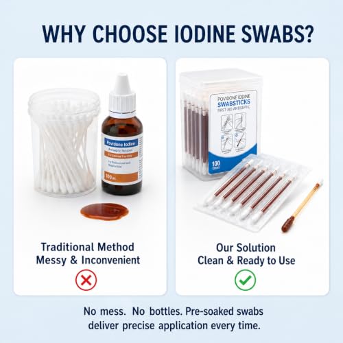 100 Pcs Povidone Iodine Swabsticks – Individually Sealed, First Aid Medical-Grade Disinfectant, FSA/HSA Eligible
