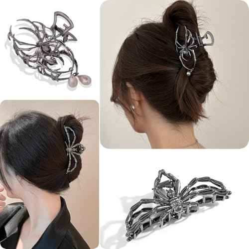Halloween 3PCS Spider Hair Claw Clips Hair Accessories for Women Girls, Gothic Black Metal with Pearl Charms Large Medium Size Catch Clips for thick Hair Styling Tool Holiday Gifts(Black Gun)