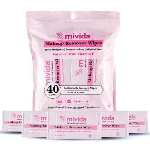 Mivida Hypoallergenic Makeup Wipes - 40 Individually Wrapped, Alcohol-Free