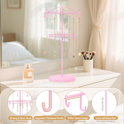 MODOWEY 42-Hook Rotating Necklace Organizer Stand, Adjustable 2-Tier Display