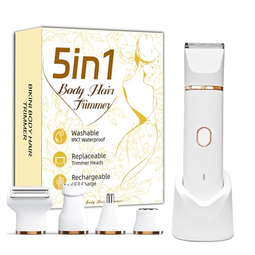 Bikini Trimmer for Women, 5-in-1 Electric Razors Shaver, IPX7 Waterproof Cordless Body Hair Trimmer, Rechargeable Facial & Pubic Hair Remover, Ceramic Blade Bikini Shaver, Gifts for Women (White)