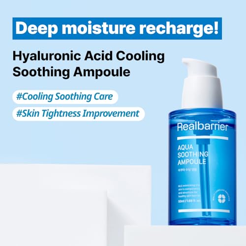 Real Barrier Aqua Soothing Ampoule 1.69 Fl Oz, Cooling Soothing Moisturizing Facial Serum for Sensitive Dry Skin, Hyaluronic acid Ceramide Hydrating Face Moisturizer for Dewy Skin, Korean Skin Care
