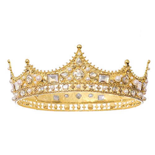 FORSEVEN King Crown for Men - Crystal Pearl Wedding Tiara