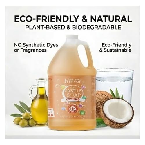 Brittanie's Pure Organic Castile Soap Refill, 1 Gallon Citrus | Liquid Soap for Face, Body, Hands, Dishes, Pets, Laundry | Vegan, Non-GMO, Gluten-Free, Biodegradable | Made in USA