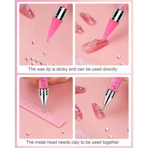 Rhinestone Picker Tool Set,Rhinestone Applicator Tool,Rhinestone Picker Dotting With 4 Extra Pink Replaceable Wax Head and 2 Tweezer (Pink A)