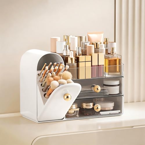 HBlife Large White & Clear Makeup Organizer with Drawers & Brush Holder