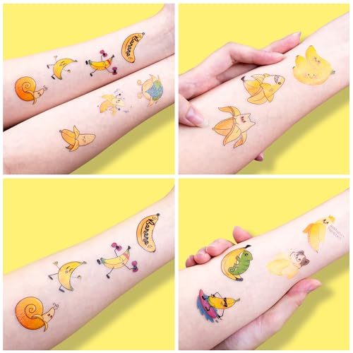 96PCS Banana Pre-Cut Temporary Tattoos for Kids | Super Cute Themed Birthday Party Favors, Supplies, Decorations, Cute Funny Fruit Fake Tattoo Stickers, School Rewards Prizes & Gifts for Boys & Girls