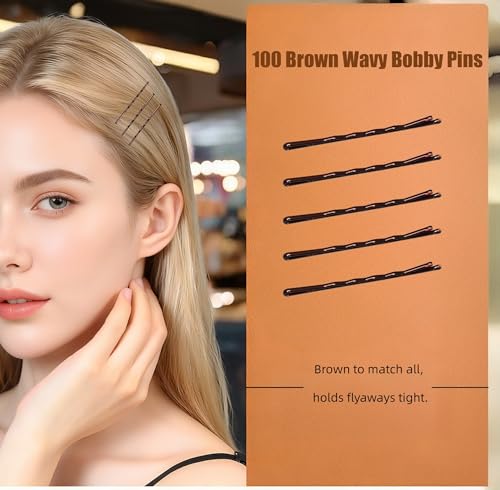 Brown Bobby Pins 100 Pcs Non-Slip Wavy Hair Clips for Women - Durable Enamel Finish