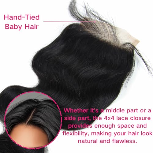 4x4 Lace Closure Body Wave - Transparent HD Free Part Invisible Lace Closure 100% Brazilian Virgin Human Hair Pre Plucked with Baby Hair Natural Black 12A Grade (20 Inch)
