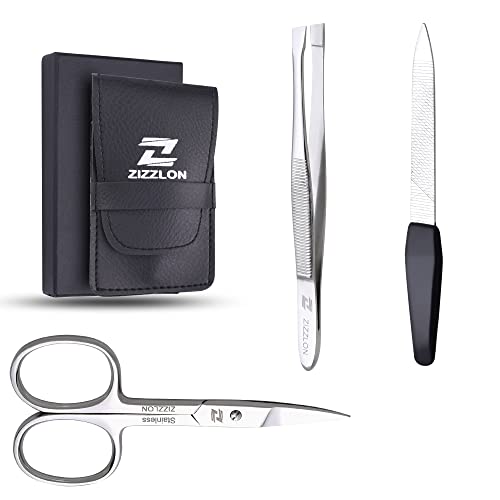 ZIZZLON Manicure Set - Cuticle Scissors, Nail and Eyebrow Scissors, Nail Clippers, Cuticle Pusher, Nail File, Eyebrow Tweezers - Professional Mens Grooming Kit (3 in 1)