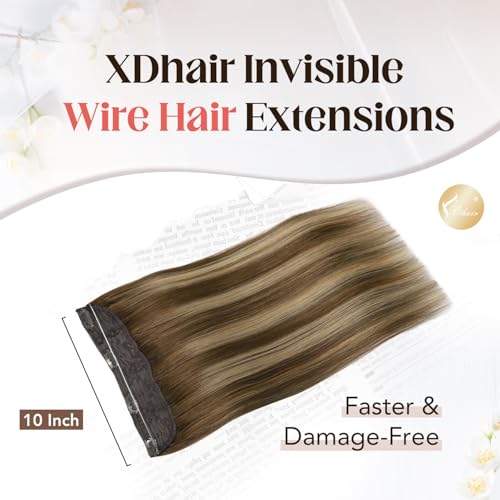 XDhair Wire Hair Extensions 14 Inch 70g Balayage Color Chocolate Brown to Caramel Blonde Invisible Wire Hair Extensions Real Human Hair Hairpiece(#4/27/4-14inch)