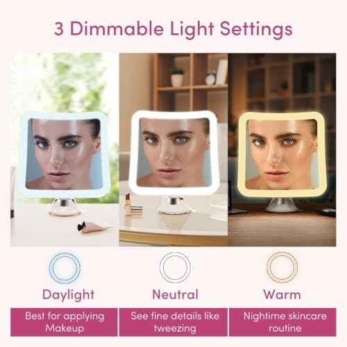 Fancii 20x Magnifying Makeup Mirror with LED Lights, Rechargeable, High Zoom | 7-inch Large Lighted Travel Mirror for Vanity and Bathroom, Dimmable, 3 Light Settings, Strong Suction, 360¡Æ Rotation