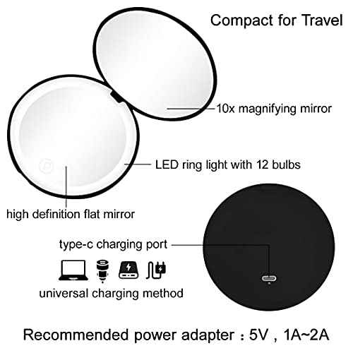 Compact Mirror with LED Light,1x/10x Magnifying Rechargeable Mirror,3.5in, Dimmable Travel Mirror for Purse,Pocket,Handheld 2-Sided Makeup Mirror