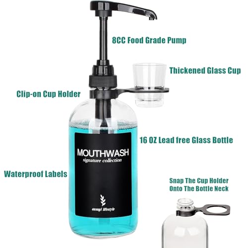Clear Glass Mouthwash Dispenser with Cup Holder and Pump, 16 Oz