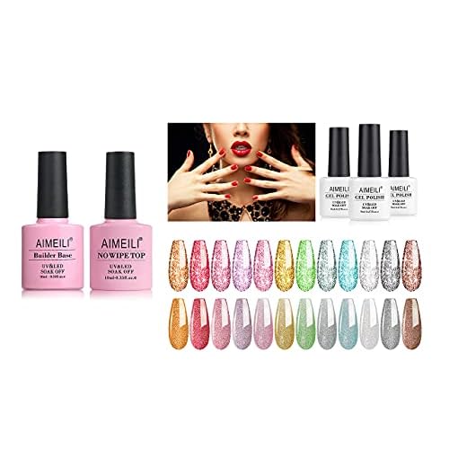 AIMEILI Reflective Glitter Gel Nail Polish, Builder Base and No Wipe Top Coat Set