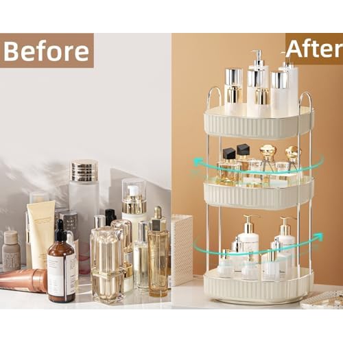 360¡Æ Rotating Makeup Organizer, Spinning Bathroom Organizer Countertop, Large Capacity Cosmetics Skincare Organizer for Bathroom Vanity Dresser Table (Cream, 3 Tiers)