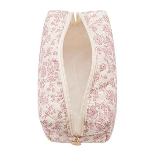 Gleyemor Small Quilted Makeup Bag for Women, Cute Floral Bow Cosmetic Bag, Emergency Bag Travel Toiletry Cotton Pouch Gifts for Girls Her Mom Friend Sister Bridesmaid (Pink Flower)