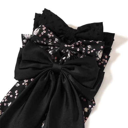 LFOUVRE Black Bow Clip 3pcs, Floral Hair Bow Clips for Girls with Tail, Big Hair Bows for Women, Bows for Girl Bowknot Barrettes, Hair Accessories