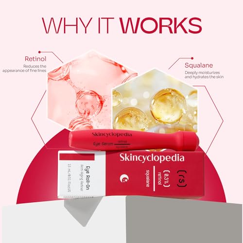 Under Eye Roll-On with Retinol & Squalane, Cooling Roller, Energizing Serum for Dark Circles, Puffiness Bags, Fine Lines & Wrinkles, Firms & Brightens Skin.