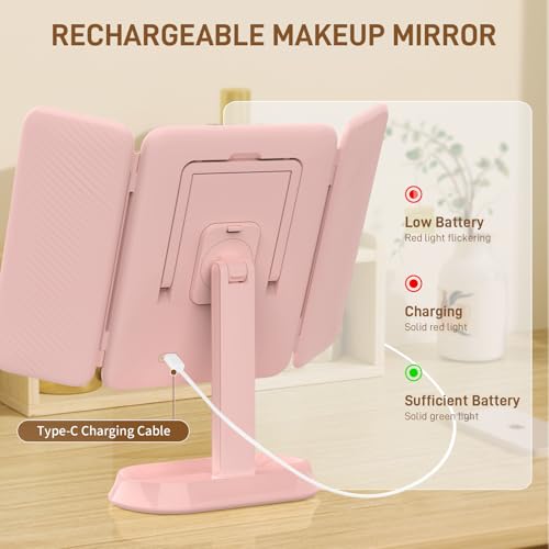 FRANO Pink Rechargeable Trifold Makeup Mirror with Lights, 1X/3X/5X Magnification, Portable Vanity with Dimmable LED for Travel & Desk