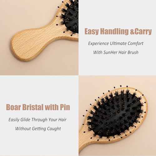 Mini Boar Bristle Hair Brush - Travel Size Mini Hair Brush for Detangle Massage Add Shine, Toddler Hairbrush Perfect for Baby Kids Men Women for Thick, Curly, Thin, Long, Short, Wet or Dry Hair