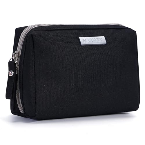 Narwey Small Makeup Bag for Women - Compact Travel Cosmetic Pouch with Compartments, Water-Resistant, Black