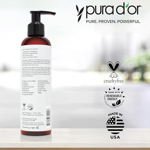 PURA D'OR 8 Oz Facial Cleansing Oil - Nourishing Botanical Blend with & Vitamin, Jojoba and Sunflower Oil - Gentle Makeup Remover & Deep Cleanser For Healthy, Glowing Skin - Paraben-Free Beauty