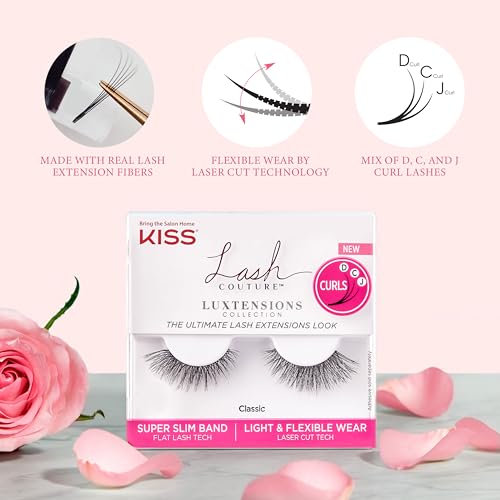 KISS Lash Couture LuXtensions Collection False Eyelashes, Flat Lash Technology, Super Slim Lash Band, Real Lash Extension Fibers, Reusable, Style ¡®Black Swan', 12mm, 1 Pair Strip Lashes