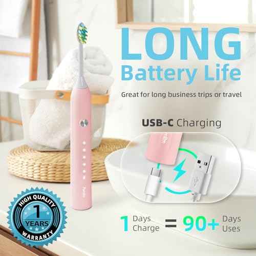 7AM2M Ultrasonic Electric Toothbrush for Adults and Kids, 40000 VPM High-Powered with 4 Brush Heads & 5 Modes, One Charge for 90 Days, 2 Minutes Built-in Smart Timer, Rechargeable Toothbrushes, Pink