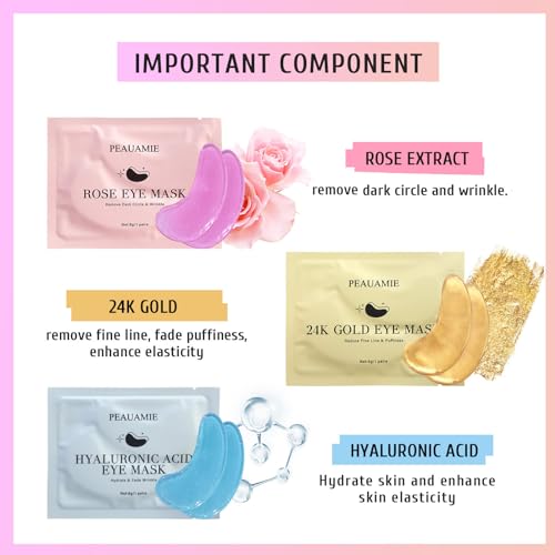 PEAUAMIE Under Eye Patches (30 Pairs) Gold Eye Mask and Hyaluronic Acid Eye Patches for puffy eyes,Rose Eye Masks for Dark Circles and Puffiness under eye skin care Smooth Wrinkles products