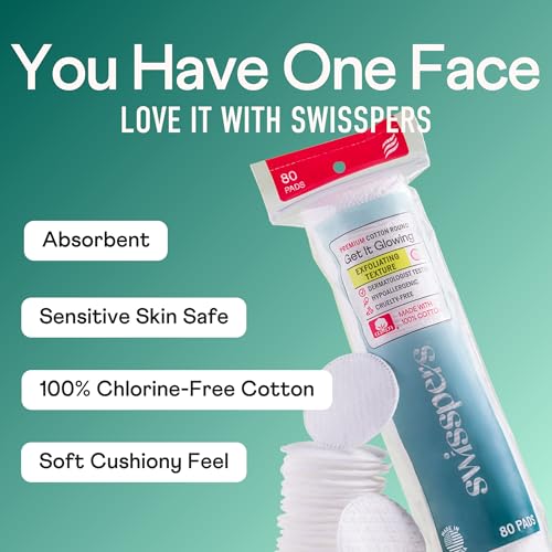 Swisspers Premium Exfoliating Cotton Rounds – Dual-Sided, 80 Count Pack of 6, Ultra Soft & Gentle for Sensitive Skin