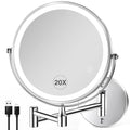 20X/1X Wall Mounted Lighted Makeup Mirror with Light, 8.5'' Double Sided Rechargeable Magnifying Bathroom Mirror, 3 Color Lights Touch Dimmable Extended Arm 360 Rotation Light up Magnification Mirrors