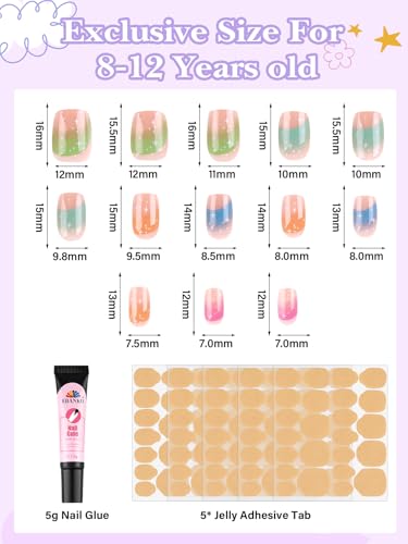 EBANKU Kids Press-On Nails Set A - 130 Fake Nails with Adhesives, French Flower Design, Child Friendly