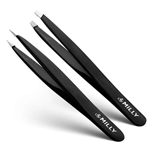 Precision Tweezers Set | Slanted & Pointed Tip Tweezers Kit | High Carbon Stainless Steel | Aligned & Hand-Filed Tweezer Set Professional | Hair Removal & Eyebrow Tweezer Set | Black