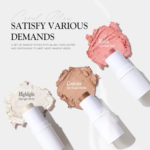 bayfree 3 PCS Makeup Cream Contour Stick Set, Highlighter Stick & Bronzer Stick & Blush Stick, Long Lasting, Natural Face Contour, Dewy & Matte Finish, Multi Stick Trio for All Skin