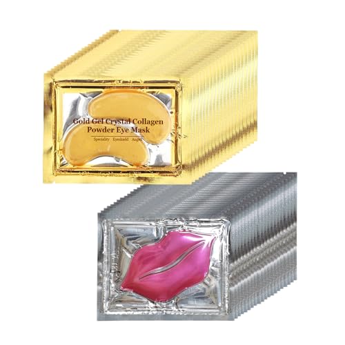 40 Pairs Pink Lip Masks & Eye Masks, 24K Gold Gel Collagen Eye Patches for Puffy Eyes, Dark Circles, Wrinkles and Eye Bags, Moisturizing Crystal Mask Set for Women Men