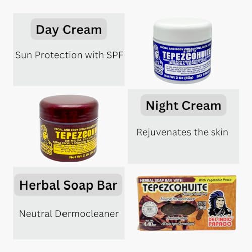 Del Indio Papago Anti Aging Combo Pack with Night Cream 2 oz, Day Cream 2 oz, and Tepezcohuite Natural Bar Soap - Skin Care Solution for All Types of Skin