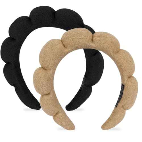 AMCAMI Puffy Spa Headband for Women Sponge Headbands for Girls 2 PCS Terry Towel Cloth Fabric Head Band for Skincare,Makeup Removal,Face Washing,Facial Mask,Shower,Hair Accessories£¨Black&Light Coffee£©