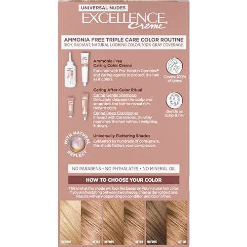 L’Oréal Paris Excellence Universal Nudes Permanent Hair Color, Ammonia Free Hair Dye for Gray Hair Coverage, 8N Natural Blonde, 1 Hair Dye Kit