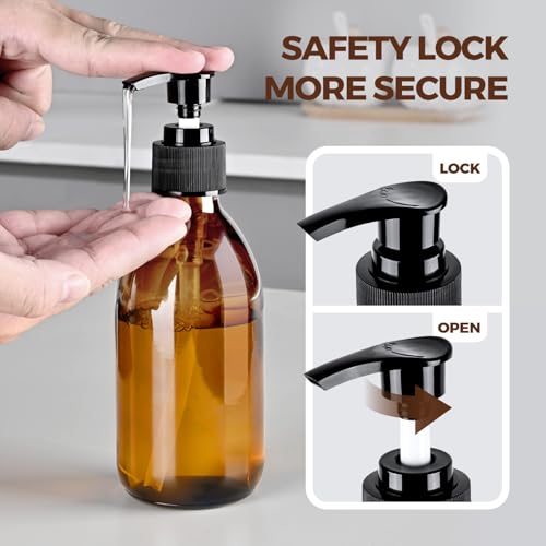 8oz Amber Glass Pump Bottle for Soap & Lotion - UV Block, 2 Pack