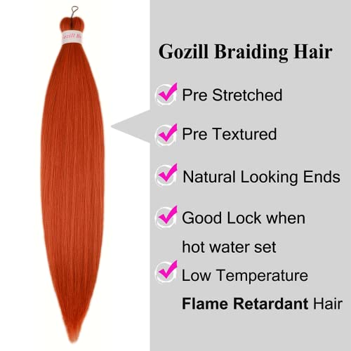 Gozill Ginger Orange Braiding Hair Pre Stretched Kanekalon Braiding Hair Extension 26 Inch Colored Synthetic Fake Hair for Braiding